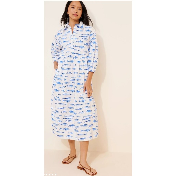 Maeve Dresses & Skirts - Anthropologie x Maeve The Bettina Shirt Dress Blue Fish Print Tiered Midi White